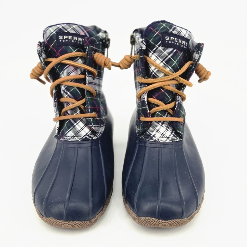 Sperry Top-Sider Saltwater Women Duck Boots Navy Plaid Winter Rain 5.5 Youth 4Y